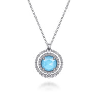 925 Sterling Silver White Sapphire and Rock Crystal and Turquoise Pendant Necklace