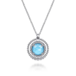 925 Sterling Silver White Sapphire and Rock Crystal and Turquoise Pendant Necklace