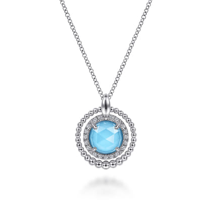 925 Sterling Silver White Sapphire and Rock Crystal and Turquoise Pendant Necklace