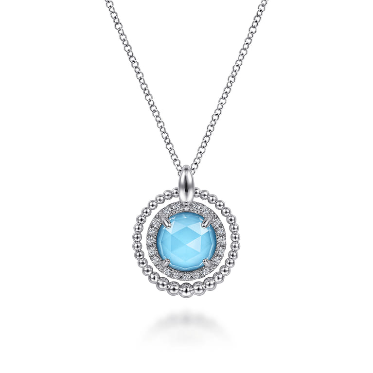 925 Sterling Silver White Sapphire and Rock Crystal and Turquoise Pendant Necklace - Shot 1