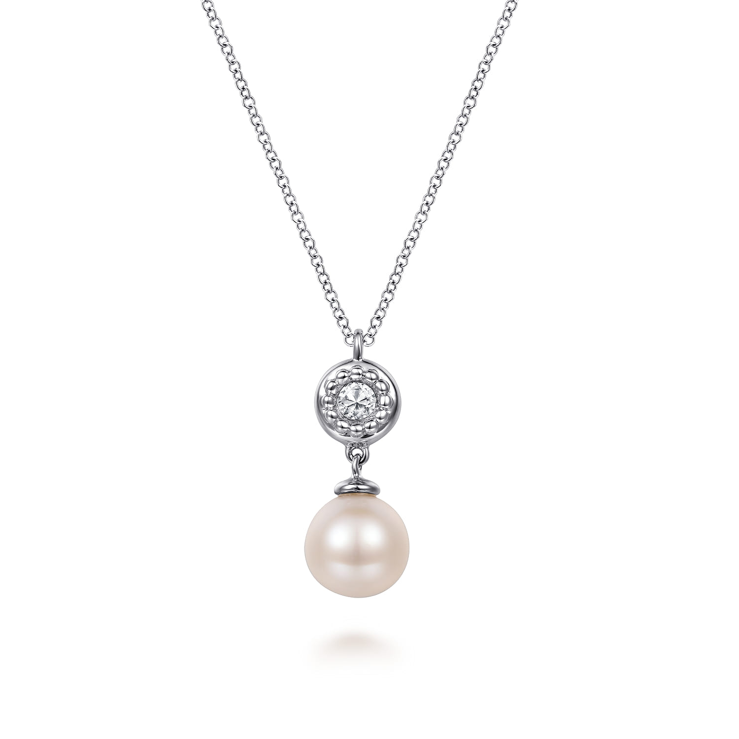 925 Sterling Silver White Sapphire and Round Pearl Bujukan Necklace - Shot 1