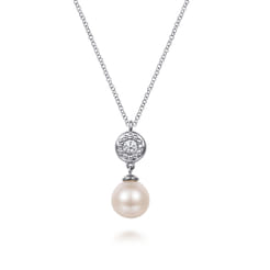 925 Sterling Silver White Sapphire and Round Pearl Bujukan Necklace