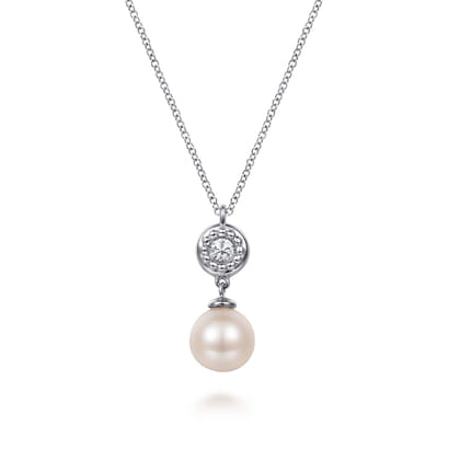 925 Sterling Silver White Sapphire and Round Pearl Bujukan Necklace