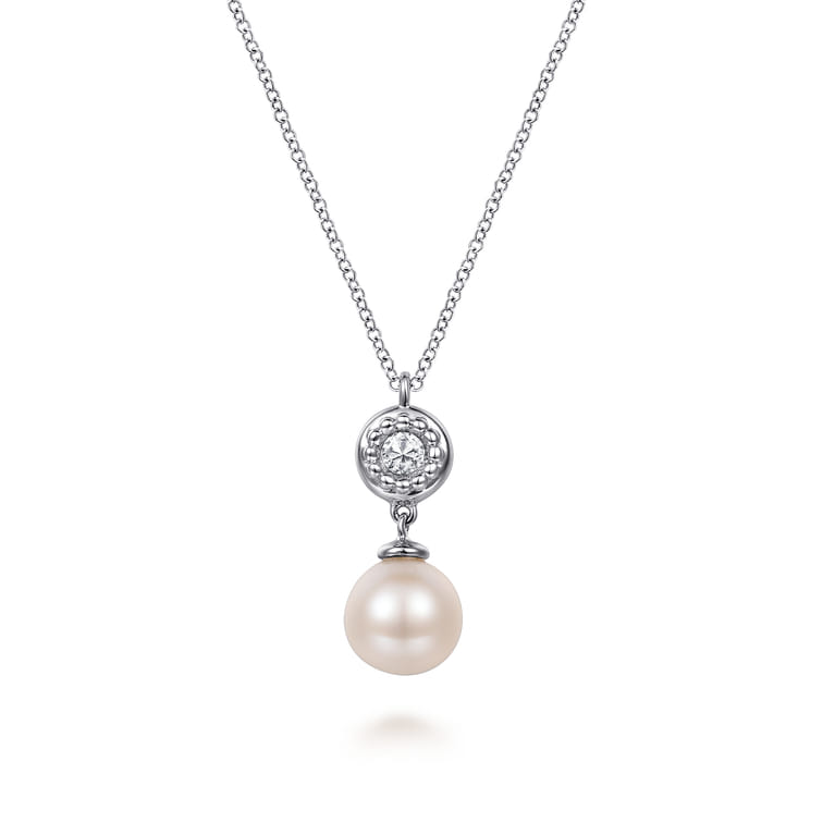 925 Sterling Silver White Sapphire and Round Pearl Bujukan Necklace - Shot 1