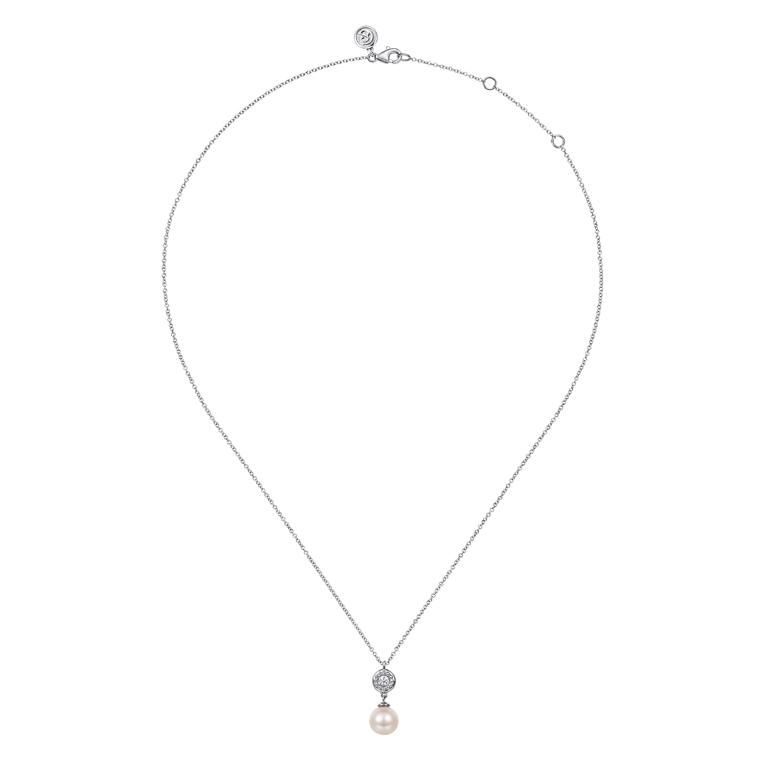925 Sterling Silver White Sapphire and Round Pearl Bujukan Necklace - Shot 2