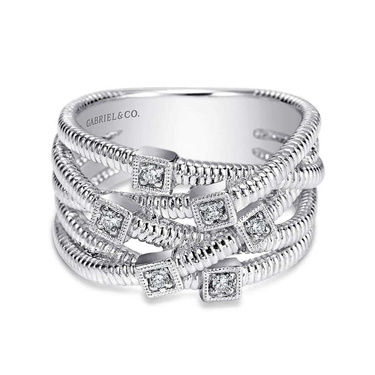 925 Sterling Silver Wide Band Criss Cross Diamond Station Ring - 0.08 ct - Shot 1