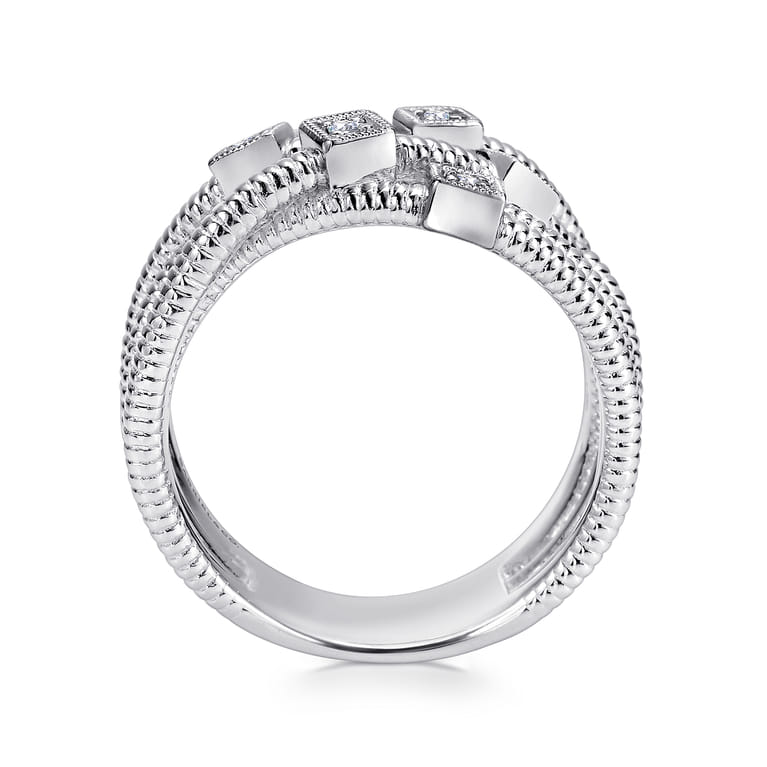 925 Sterling Silver Wide Band Criss Cross Diamond Station Ring - 0.08 ct - Shot 2