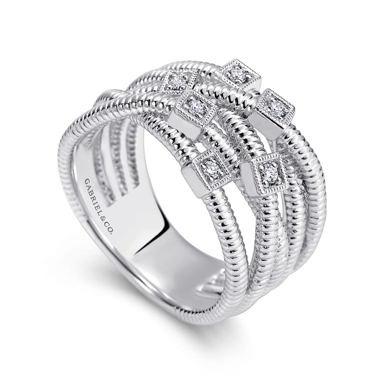 925 Sterling Silver Wide Band Criss Cross Diamond Station Ring - 0.08 ct - Shot 3