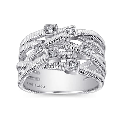 925 Sterling Silver Wide Band Criss Cross Diamond Station Ring