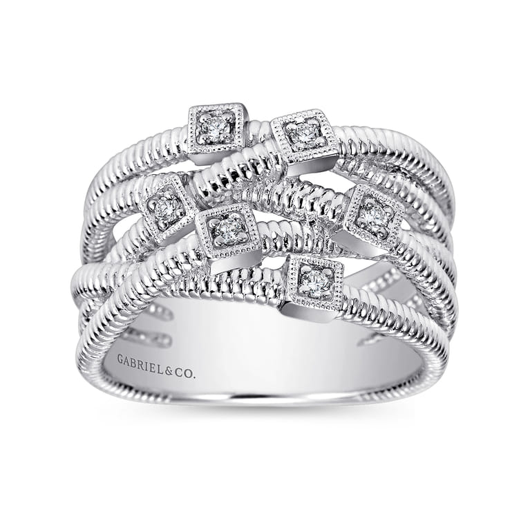 925 Sterling Silver Wide Band Criss Cross Diamond Station Ring - 0.08 ct - Shot 4