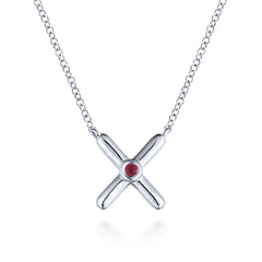 925 Sterling Silver X Necklace with Ruby Stone Center