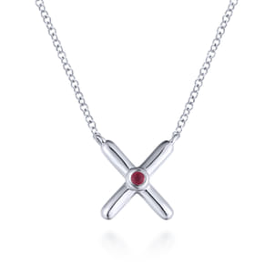 925 Sterling Silver X Necklace with Ruby Stone Center