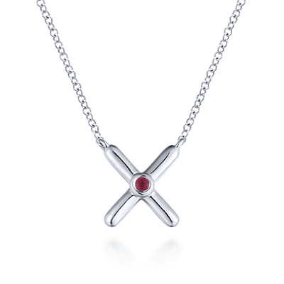 925 Sterling Silver X Necklace with Ruby Stone Center