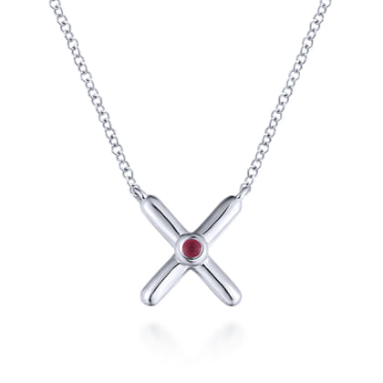 925 Sterling Silver X Necklace with Ruby Stone Center