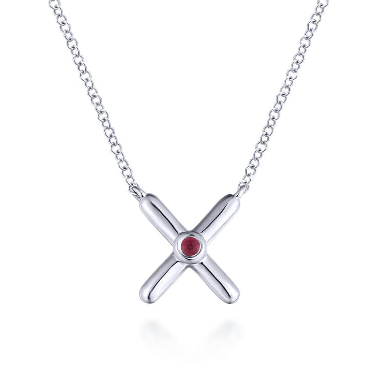 925 Sterling Silver X Necklace with Ruby Stone Center - Shot 1