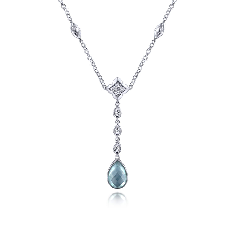 925 Sterling Silver Y Necklace with Teardrop Rock Crystal White MOP Green Onyx Y - Shot 1