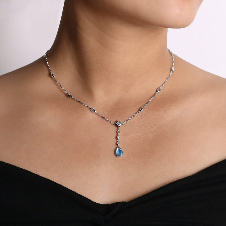 925 Sterling Silver Y Necklace with Teardrop Rock Crystal White MOP Green Onyx Y - Shot 3