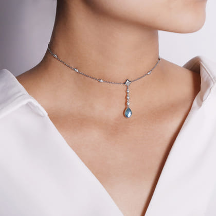 925 Sterling Silver Y Necklace with Teardrop Rock Crystal White MOP Green Onyx Y