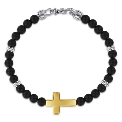 925 Sterling Silver and 14K Yellow Gold 6mm Titanium Beaded Bracelet with Cross