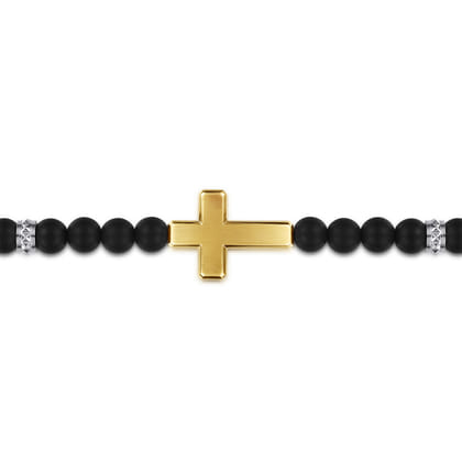 925 Sterling Silver and 14K Yellow Gold 6mm Titanium Beaded Bracelet with Cross