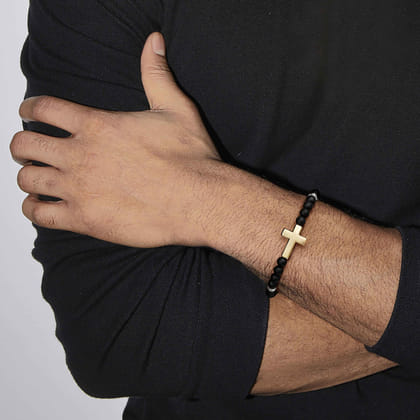 925 Sterling Silver and 14K Yellow Gold 6mm Titanium Beaded Bracelet with Cross