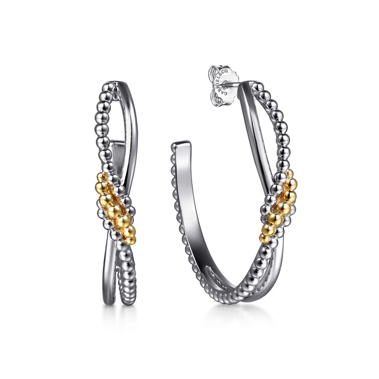 925 Sterling Silver and 14K Yellow Gold Bujukan Bypass J Hoop Earrings - Shot 1