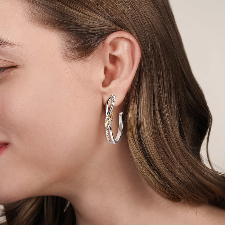 925 Sterling Silver and 14K Yellow Gold Bujukan Bypass J Hoop Earrings - Shot 2