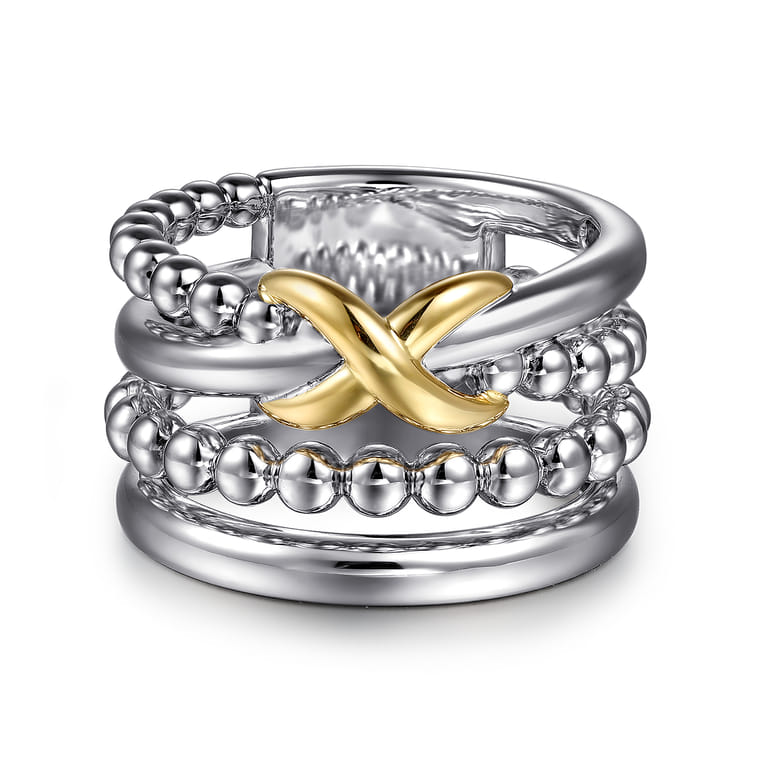925 Sterling Silver and 14K Yellow Gold Bujukan Criss Cross Easy Stackable Ring - Shot 1