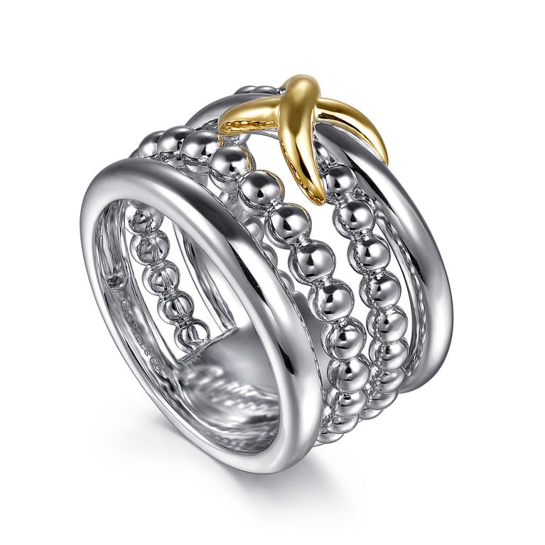 925 Sterling Silver and 14K Yellow Gold Bujukan Criss Cross Easy Stackable Ring - Shot 3