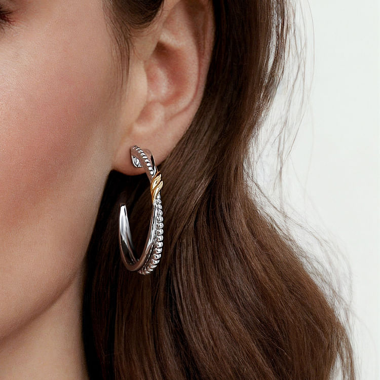 925 Sterling Silver and 14K Yellow Gold Bujukan Criss Cross J Hoop Earrings