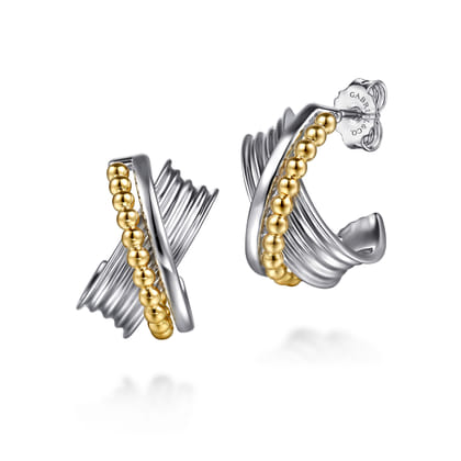 925 Sterling Silver and 14K Yellow Gold Bujukan Criss Cross J Hoop Earrings