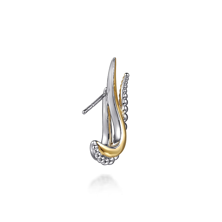 925 Sterling Silver and 14K Yellow Gold Bujukan Criss Cross Spiked J Hoop Earrings