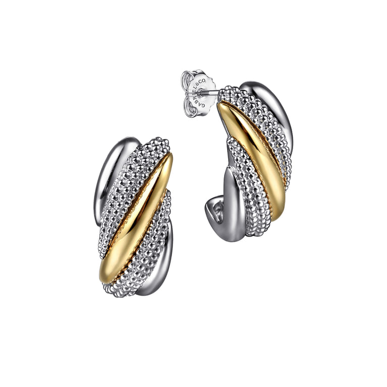 925 Sterling Silver and 14K Yellow Gold Bujukan Multiple Row J Hoop Earrings - Shot 1