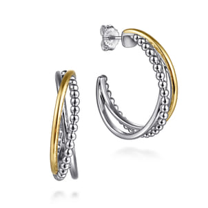 925 Sterling Silver and 14K Yellow Gold Bujukan Multiple Row J Hoop Earrings