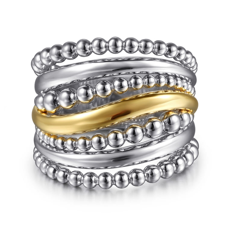 925 Sterling Silver and 14K Yellow Gold Bujukan Multiple Row Wide Band Ring - Shot 1