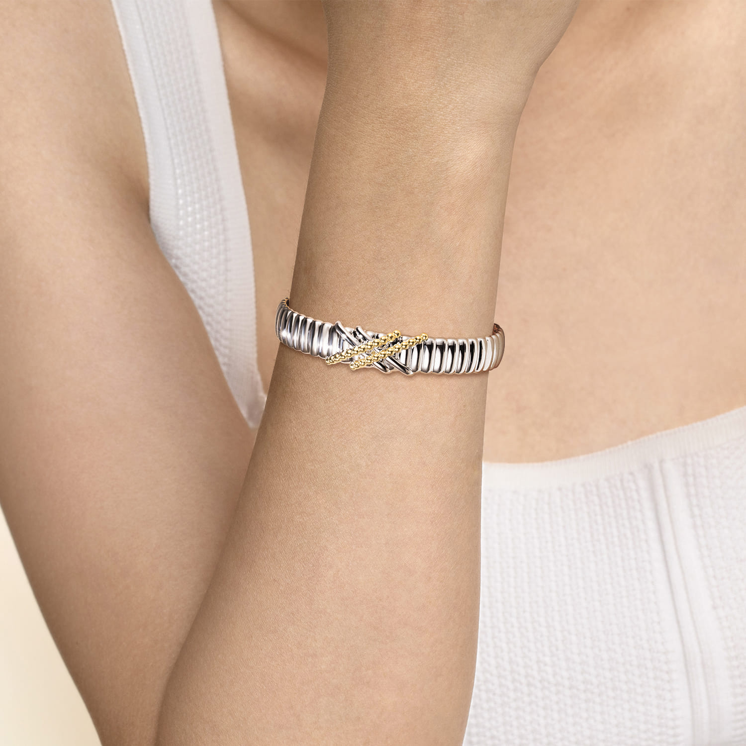 925 Sterling Silver and 14K Yellow Gold Bujukan Shrimp Criss Cross Bangle Bracelet