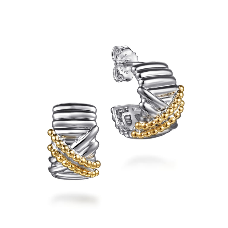 925 Sterling Silver and 14K Yellow Gold Bujukan Shrimp Criss Cross J Hoop Earrings - Shot 1