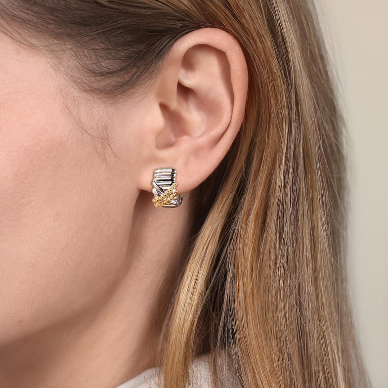 925 Sterling Silver and 14K Yellow Gold Bujukan Shrimp Criss Cross J Hoop Earrings - Shot 2