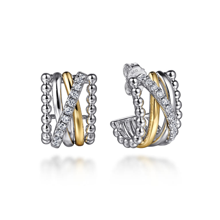 925 Sterling Silver and 14K Yellow Gold Bujukan White Sapphire Criss Cross J Hoop Earrings - Shot 1