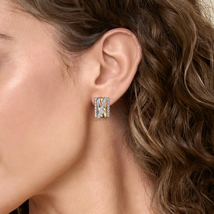 925 Sterling Silver and 14K Yellow Gold Bujukan White Sapphire Criss Cross J Hoop Earrings