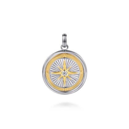 925 Sterling Silver and 14K Yellow Gold Compass Pendant with White Sapphire