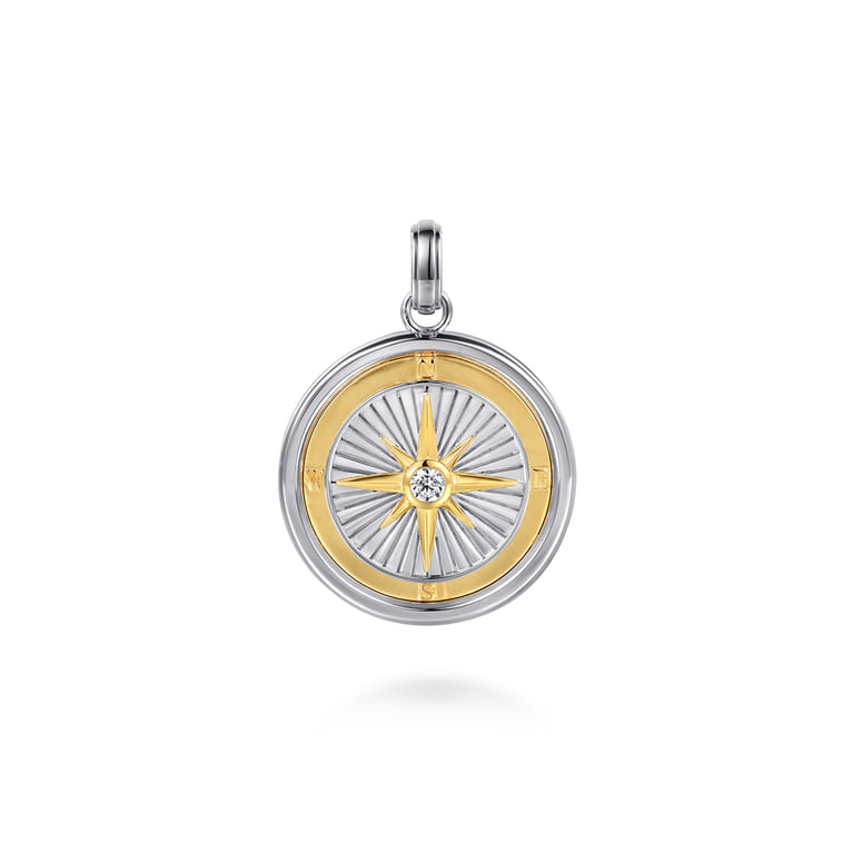 925 Sterling Silver and 14K Yellow Gold Compass Pendant with White Sapphire - Shot 1