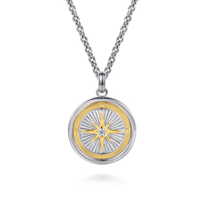 925 Sterling Silver and 14K Yellow Gold Compass Pendant with White Sapphire