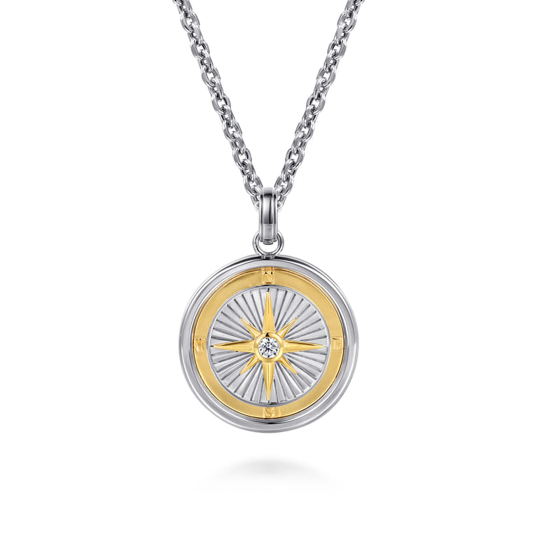 925 Sterling Silver and 14K Yellow Gold Compass Pendant with White Sapphire - Shot 3