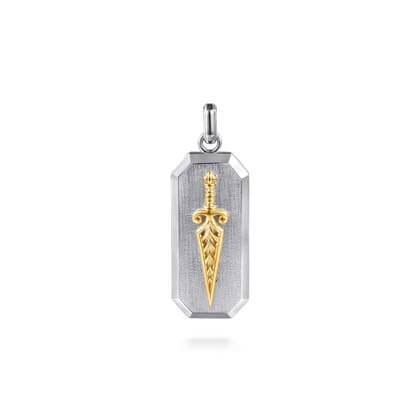 925 Sterling Silver and 14K Yellow Gold Dog Tag Pendant With Dagger