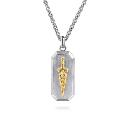 925 Sterling Silver and 14K Yellow Gold Dog Tag Pendant With Dagger