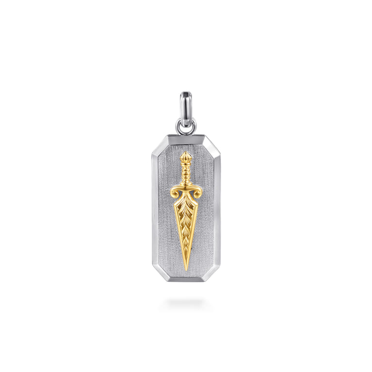 925 Sterling Silver and 14K Yellow Gold Dog Tag Pendant with Dagger - Shot 1