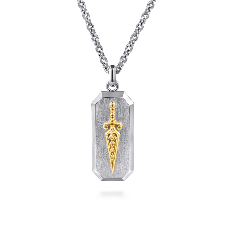 925 Sterling Silver and 14K Yellow Gold Dog Tag Pendant with Dagger - Shot 3