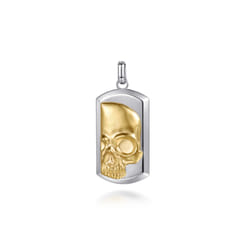 925 Sterling Silver and 14K Yellow Gold Dog Tag Pendant with Skull
