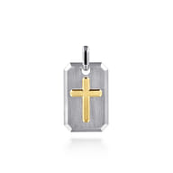 925 Sterling Silver and 14K Yellow Gold Dog Tag With Cross Pendant